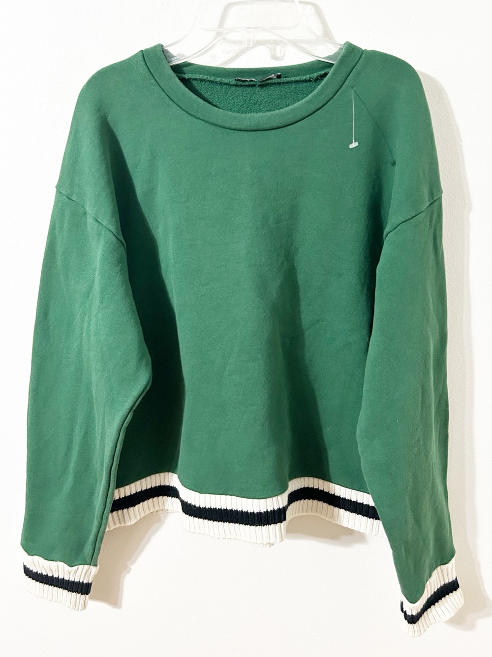 ZARA Women’s Forest Green Cropped Crewneck Sweatshirt Striped Trim Size M